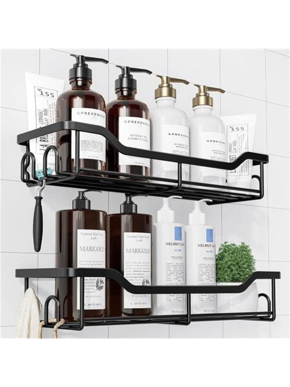 Black Shower Caddy 2 Pack Adhesive Stainless Steel No Drill Bathroom Organizer
